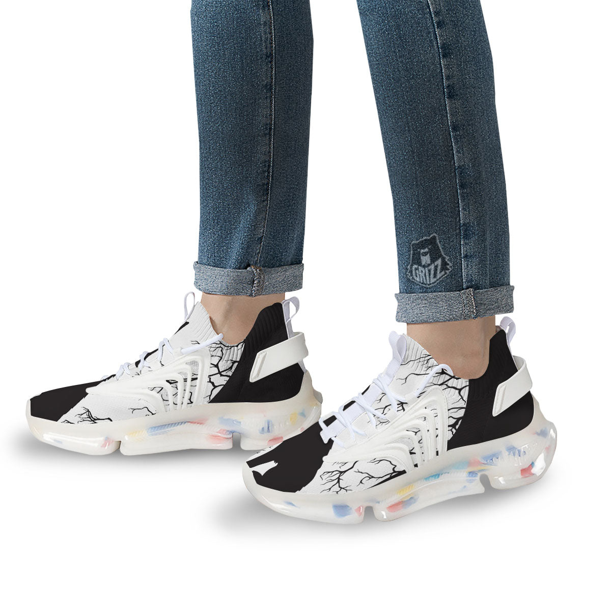 Wolf Spirit And Moon Print White Gym Shoes-grizzshop