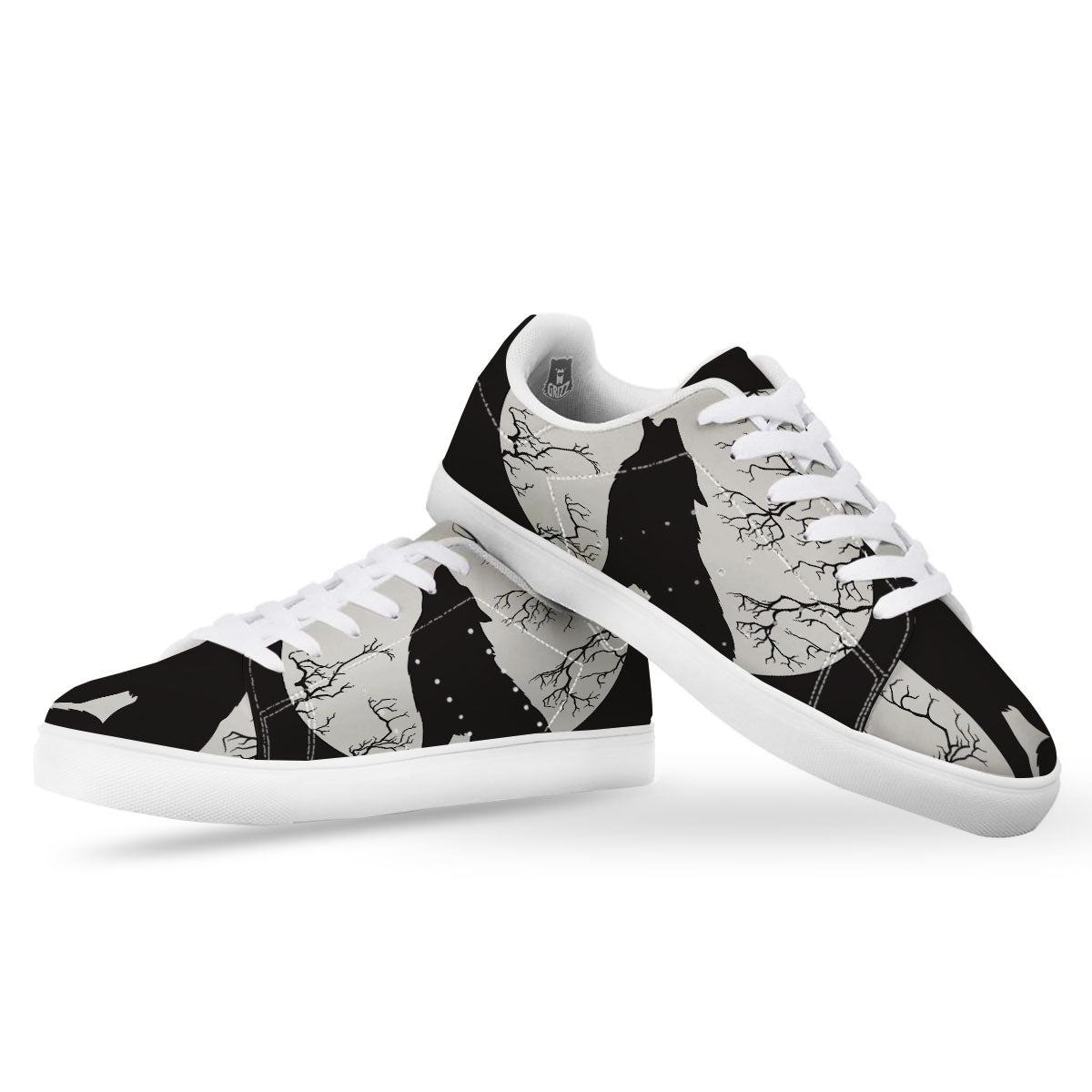 Wolf Spirit And Moon Print White Low Top Sneakers-grizzshop