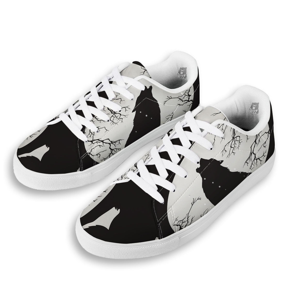 Wolf Spirit And Moon Print White Low Top Sneakers-grizzshop