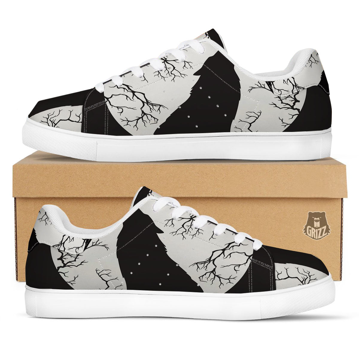 Wolf Spirit And Moon Print White Low Top Sneakers-grizzshop