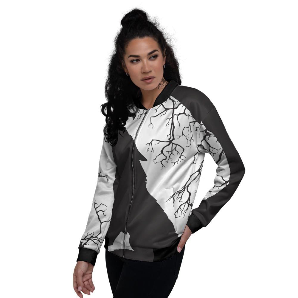 Wolf Spirit And Moon Print Women's Bomber Jacket-grizzshop