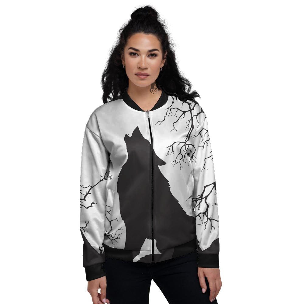 Wolf Spirit And Moon Print Women's Bomber Jacket-grizzshop