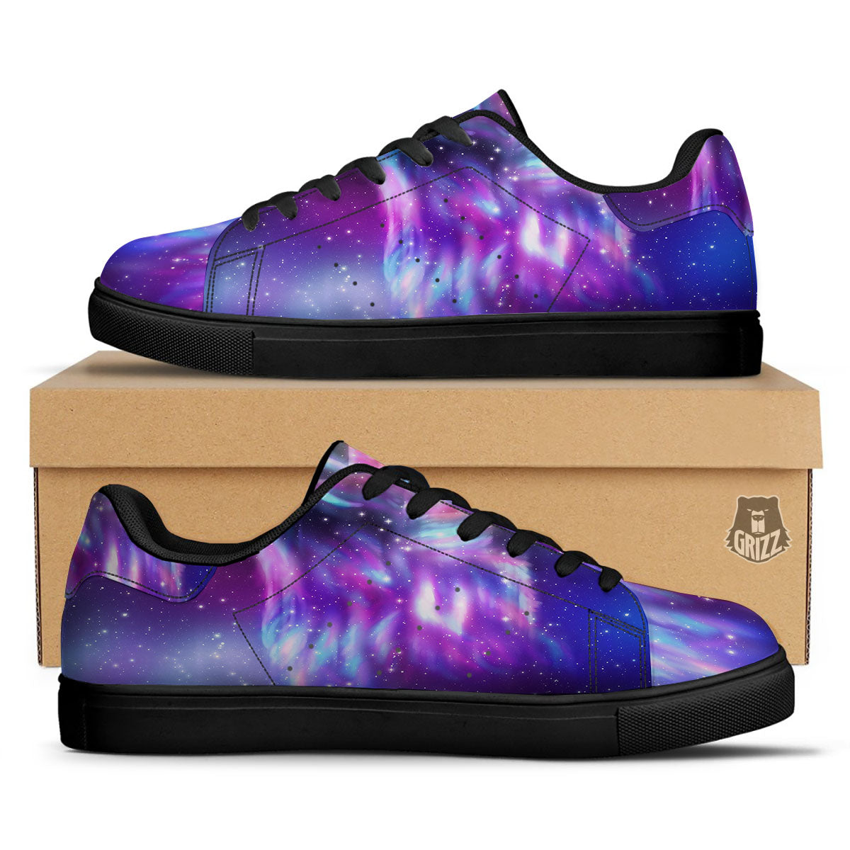 Wolf Spirit Aurora Howling Print Black Low Top Sneakers-grizzshop