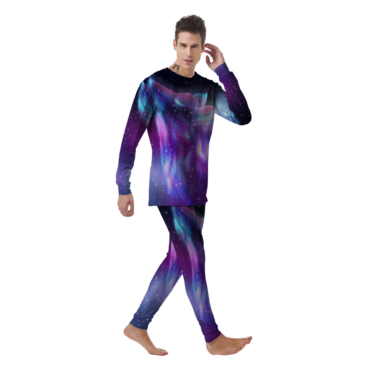 Wolf Spirit Aurora Howling Print Men's Pajamas-grizzshop