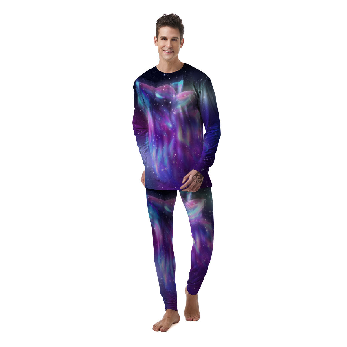 Wolf Spirit Aurora Howling Print Men's Pajamas-grizzshop