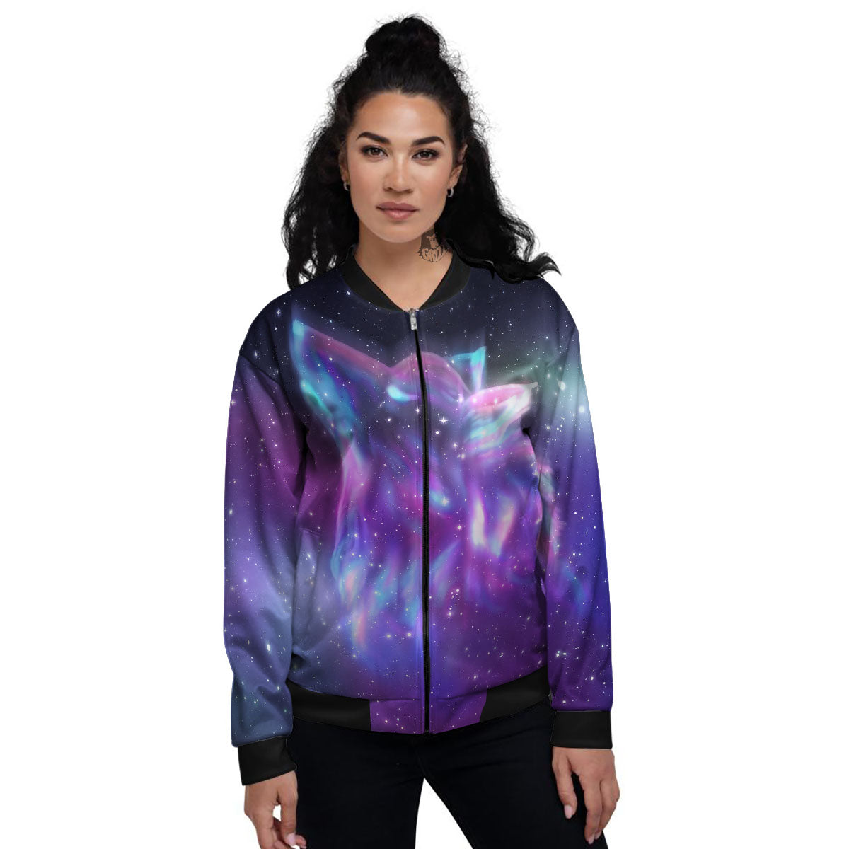 Wolf Spirit Aurora Howling Print Women's Bomber Jacket-grizzshop