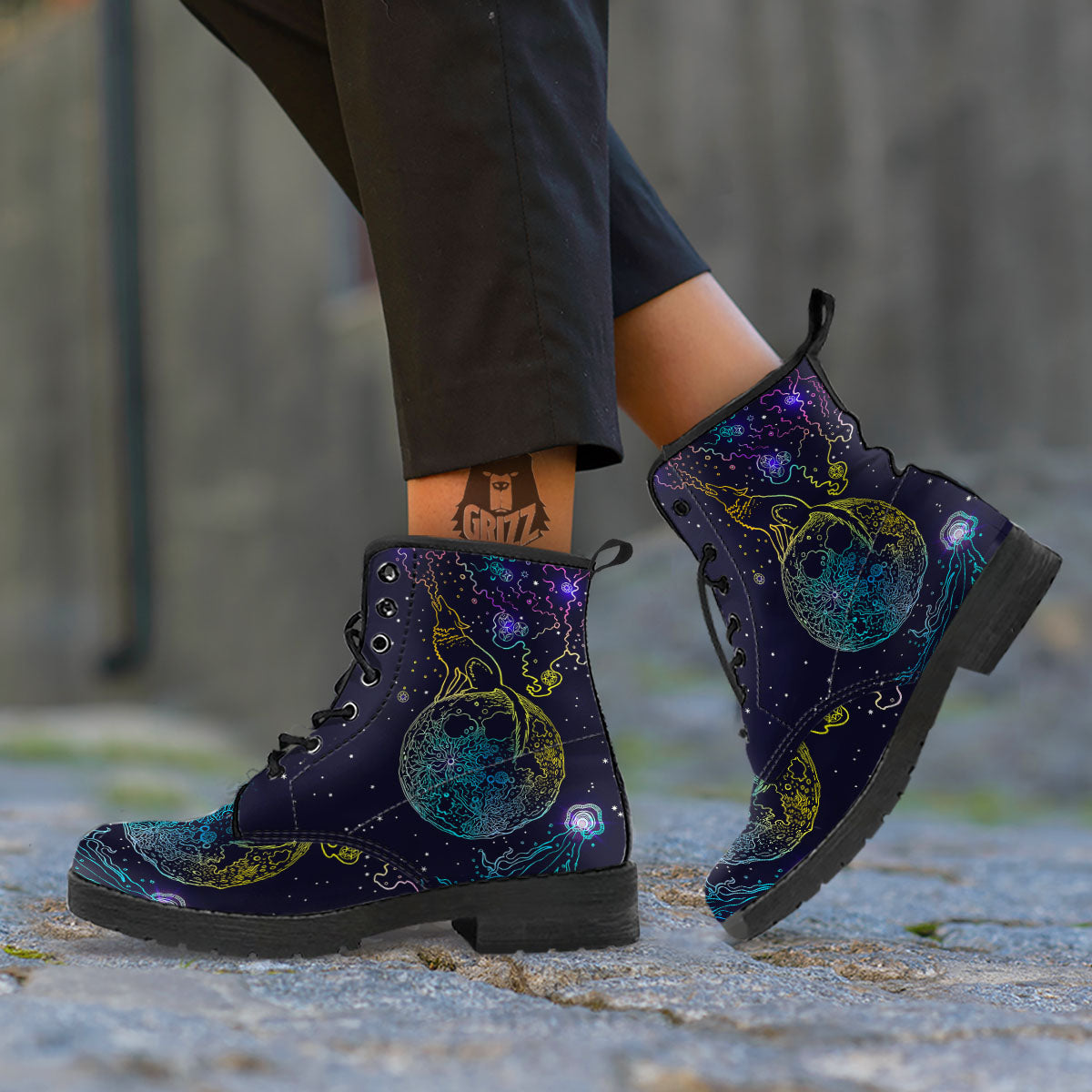 Wolf Spirit Galaxy Howling Print Leather Boots-grizzshop