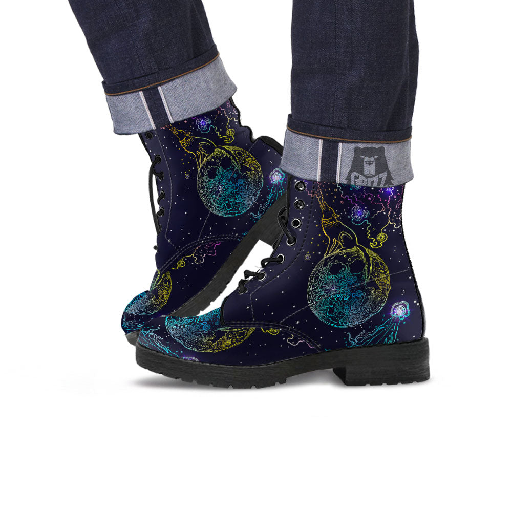 Wolf Spirit Galaxy Howling Print Leather Boots-grizzshop