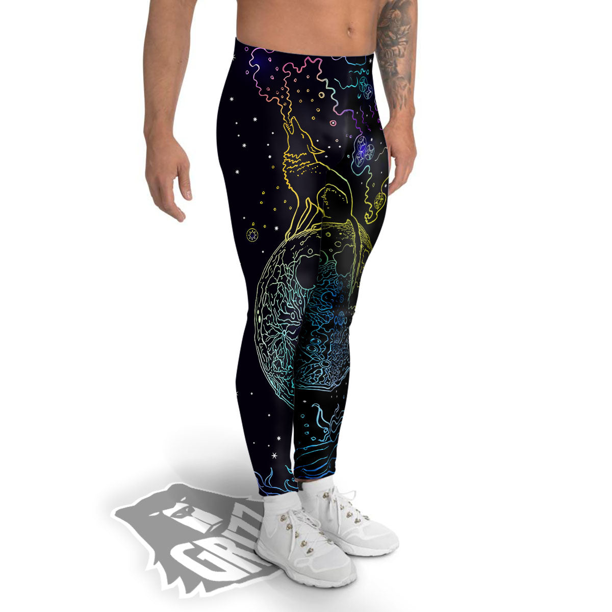 Wolf Spirit Galaxy Howling Print Men's Leggings-grizzshop