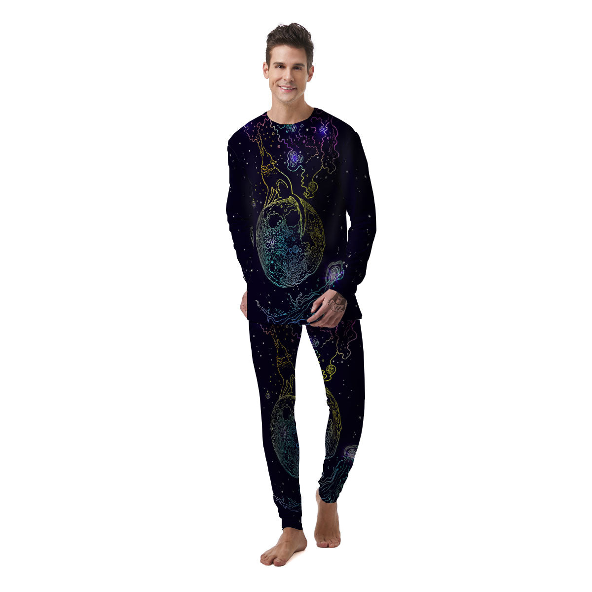 Wolf Spirit Galaxy Howling Print Men's Pajamas-grizzshop