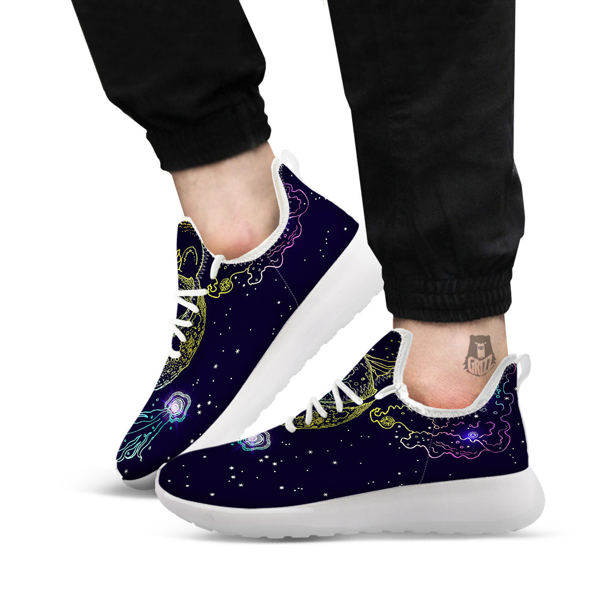 Wolf Spirit Galaxy Howling Print White Athletic Shoes-grizzshop