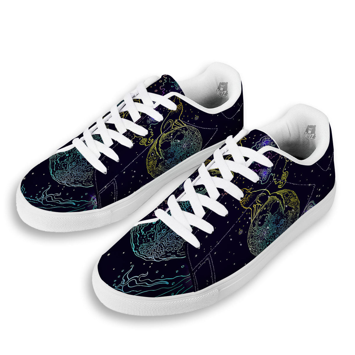 Wolf Spirit Galaxy Howling Print White Low Top Sneakers-grizzshop