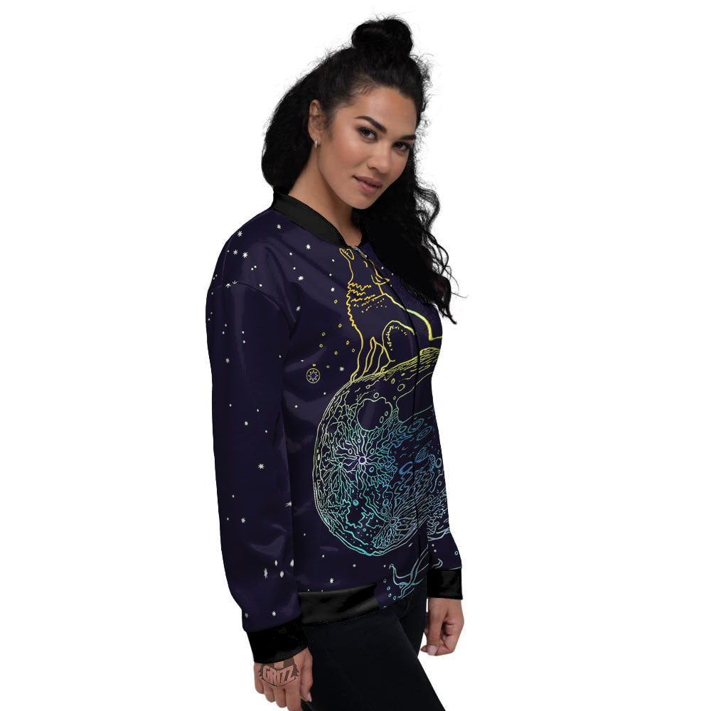 Wolf Spirit Galaxy Howling Print Women's Bomber Jacket-grizzshop