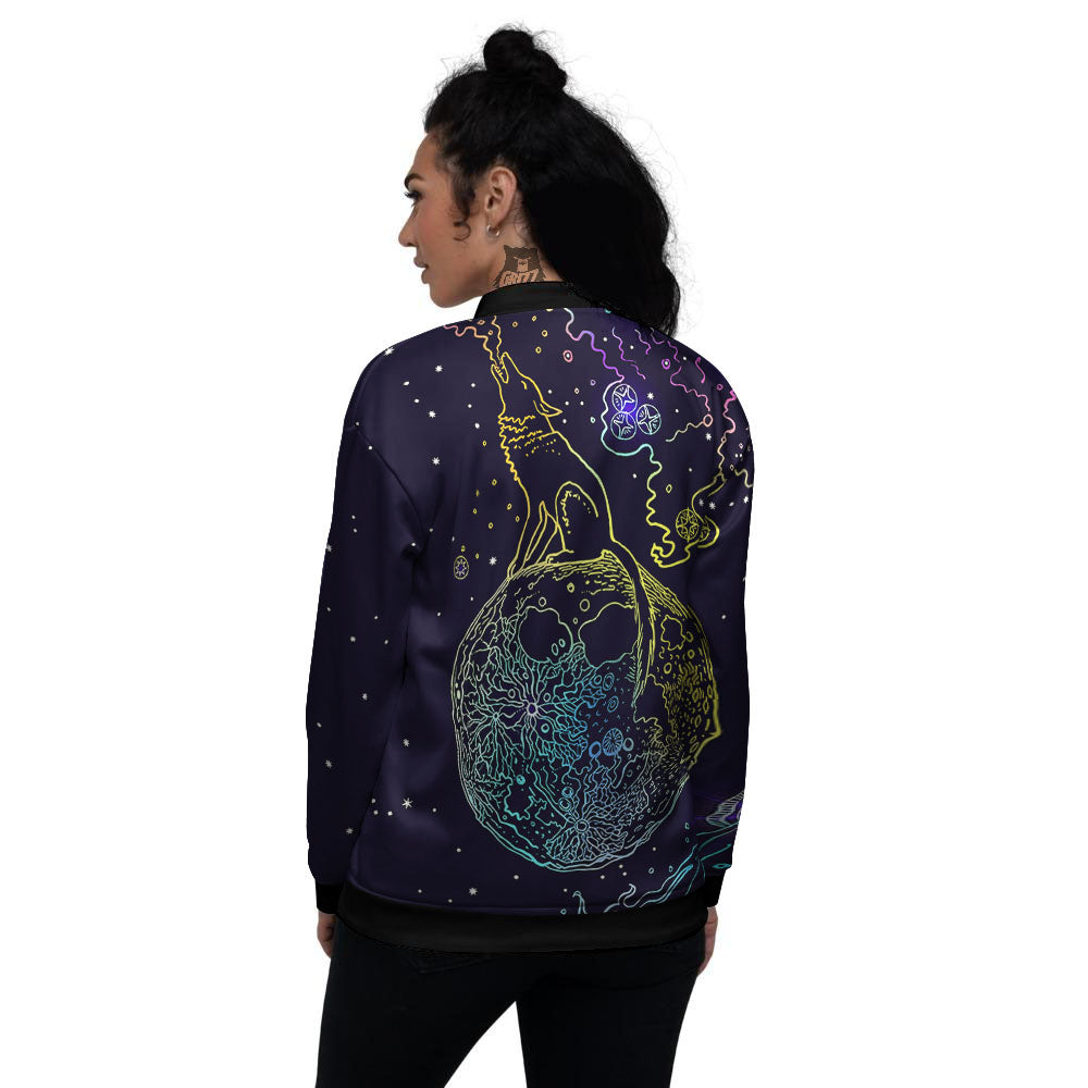 Wolf Spirit Galaxy Howling Print Women's Bomber Jacket-grizzshop