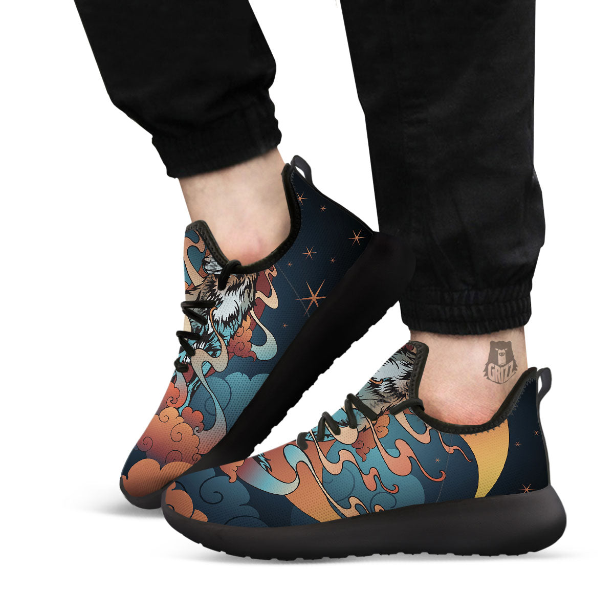 Wolf Spirit Night Forest Print Black Athletic Shoes-grizzshop