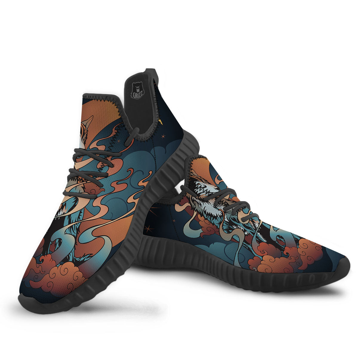 Wolf Spirit Night Forest Print Black Walking Shoes-grizzshop