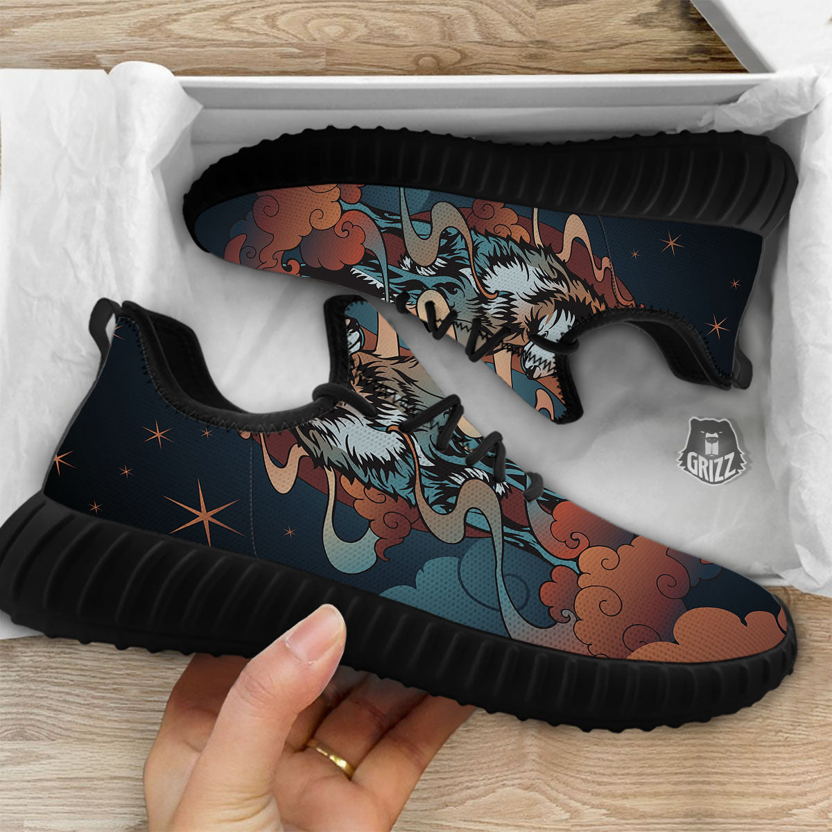 Wolf Spirit Night Forest Print Black Walking Shoes-grizzshop