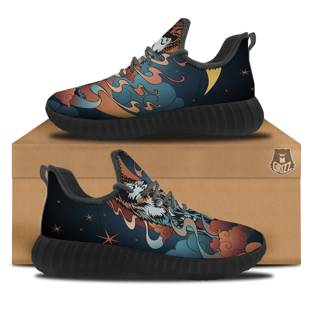 Wolf Spirit Night Forest Print Black Walking Shoes-grizzshop