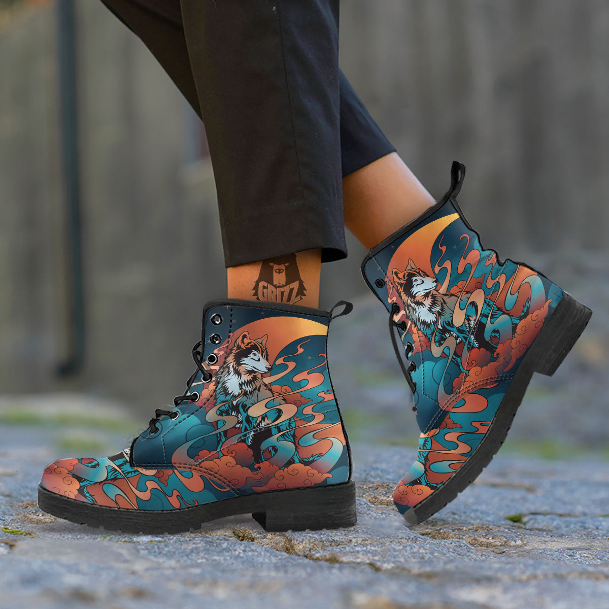 Wolf Spirit Night Forest Print Leather Boots-grizzshop