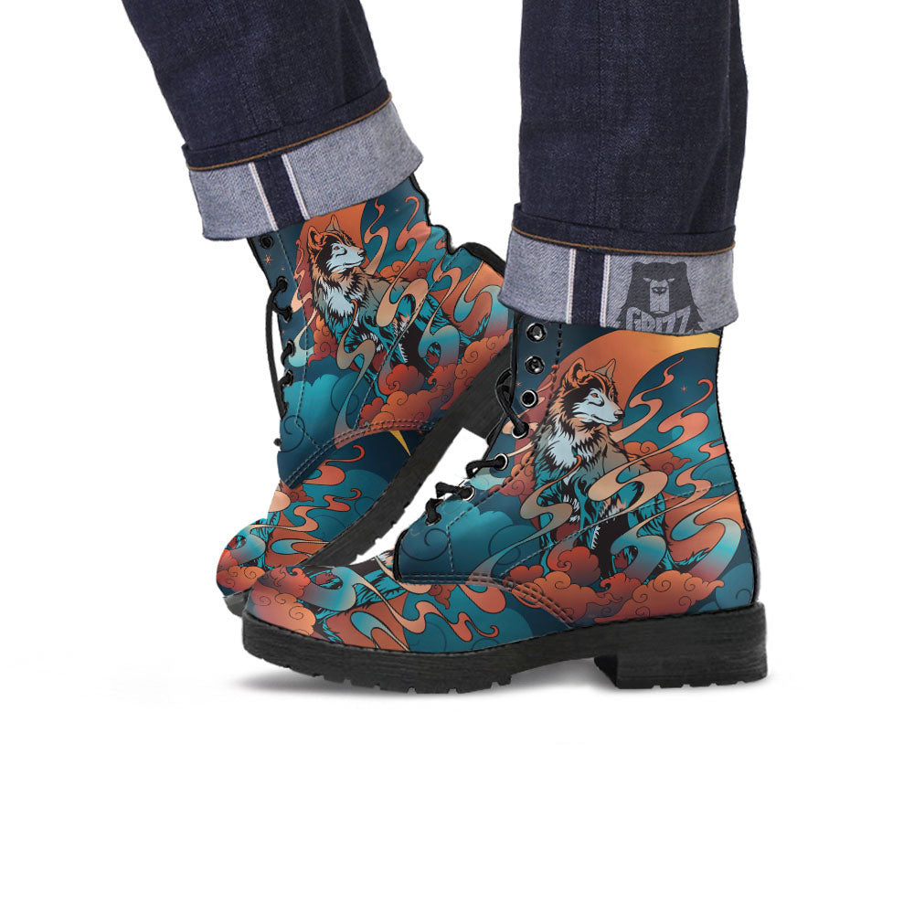 Wolf Spirit Night Forest Print Leather Boots-grizzshop