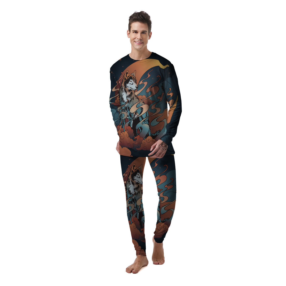 Wolf Spirit Night Forest Print Men's Pajamas-grizzshop