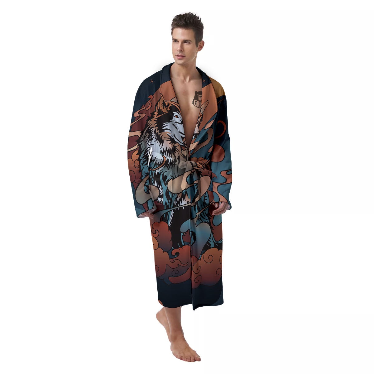 Wolf Spirit Night Forest Print Men's Robe-grizzshop