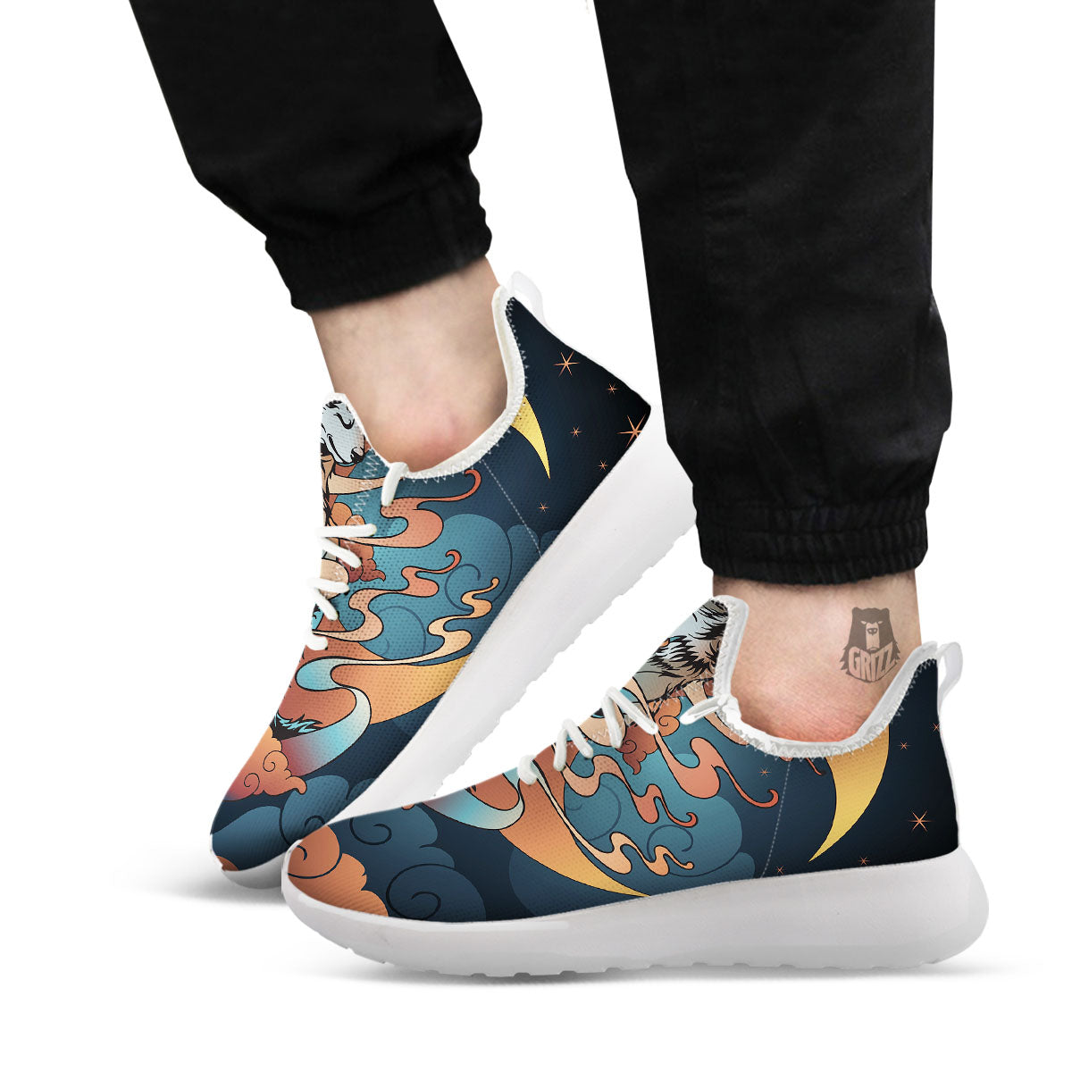 Wolf Spirit Night Forest Print White Athletic Shoes-grizzshop