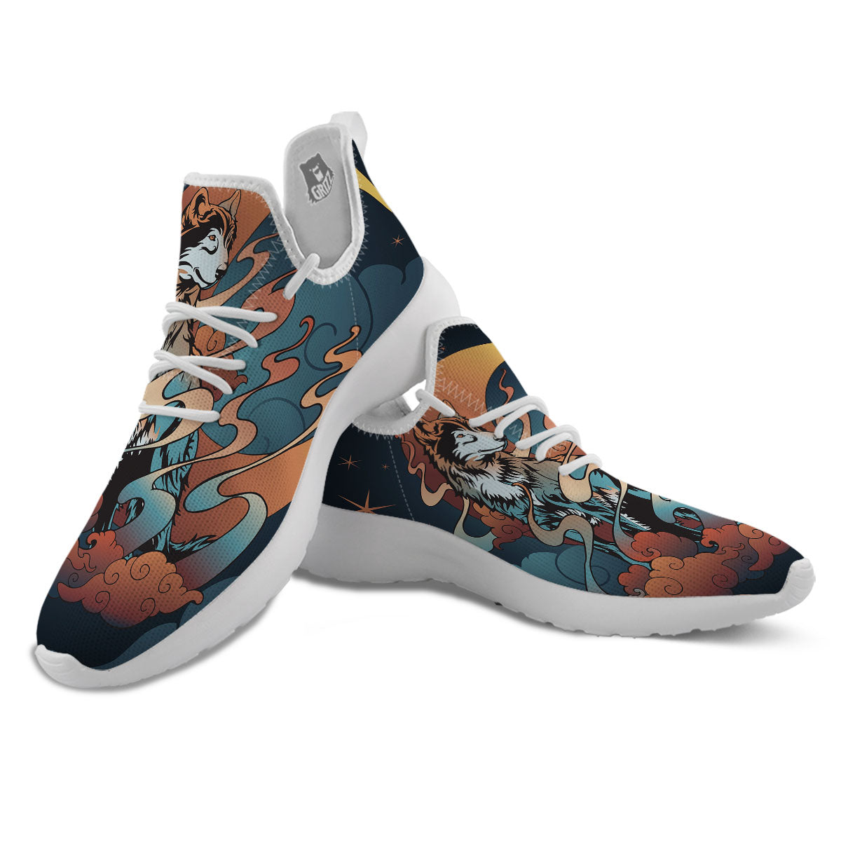 Wolf Spirit Night Forest Print White Athletic Shoes-grizzshop