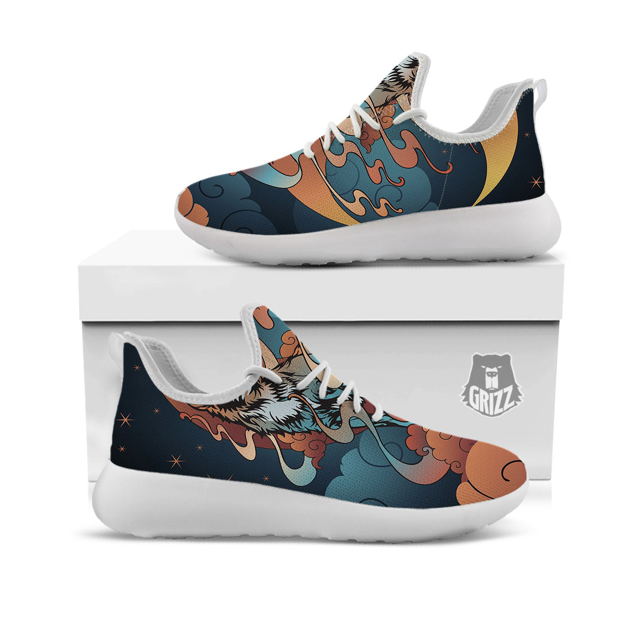 Wolf Spirit Night Forest Print White Athletic Shoes-grizzshop