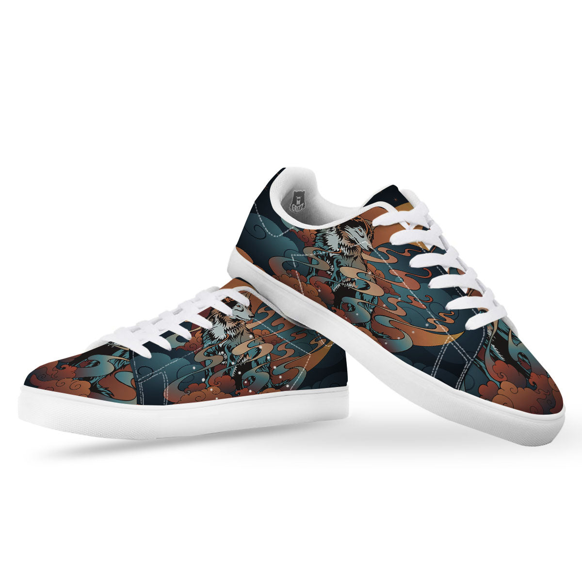 Wolf Spirit Night Forest Print White Low Top Sneakers-grizzshop