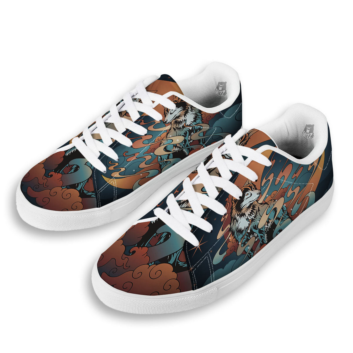 Wolf Spirit Night Forest Print White Low Top Sneakers-grizzshop