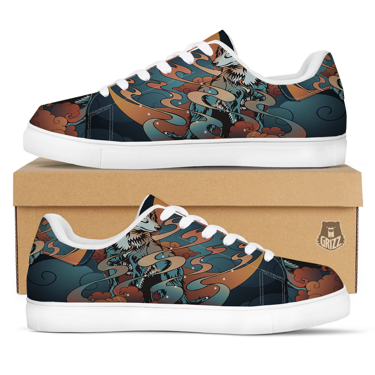 Wolf Spirit Night Forest Print White Low Top Sneakers-grizzshop