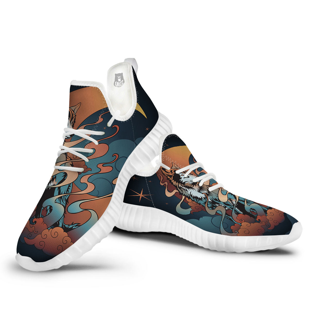 Wolf Spirit Night Forest Print White Walking Shoes-grizzshop