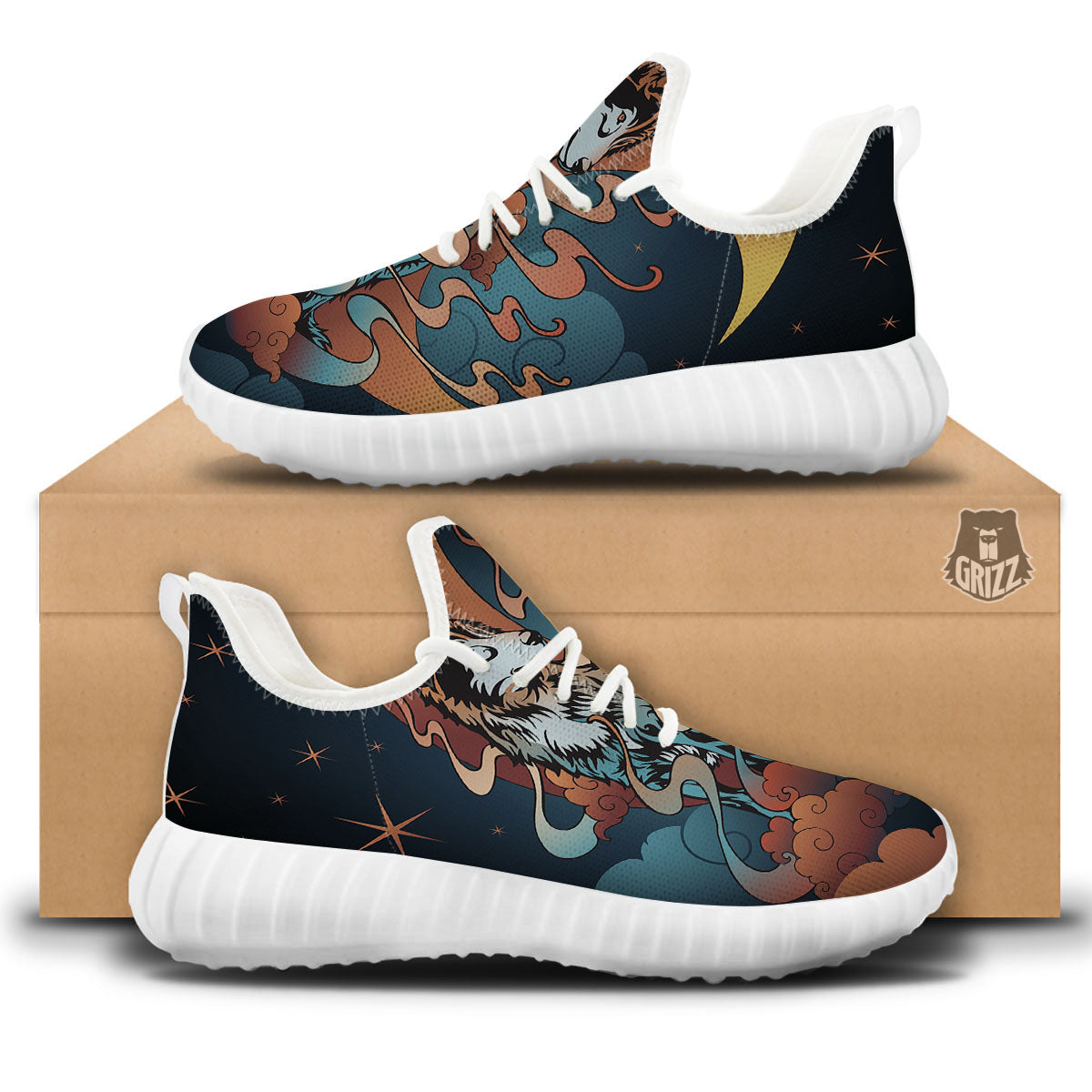 Wolf Spirit Night Forest Print White Walking Shoes-grizzshop