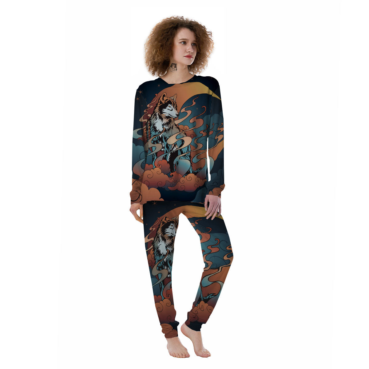 Wolf Spirit Night Forest Print Women's Pajamas-grizzshop