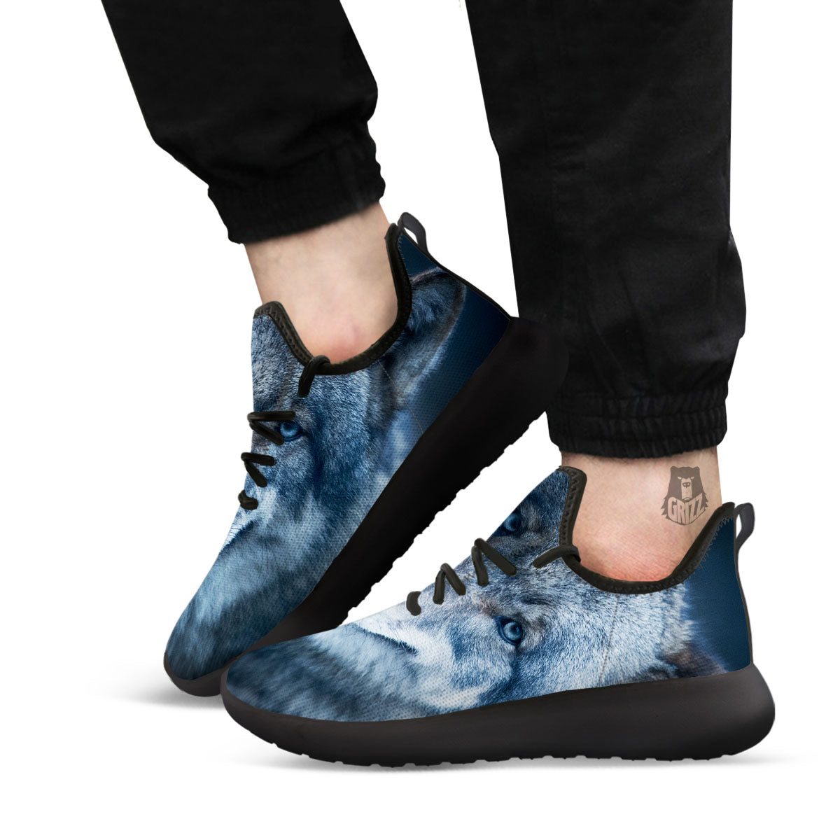 Wolf White And Navy Print Black Athletic Shoes-grizzshop