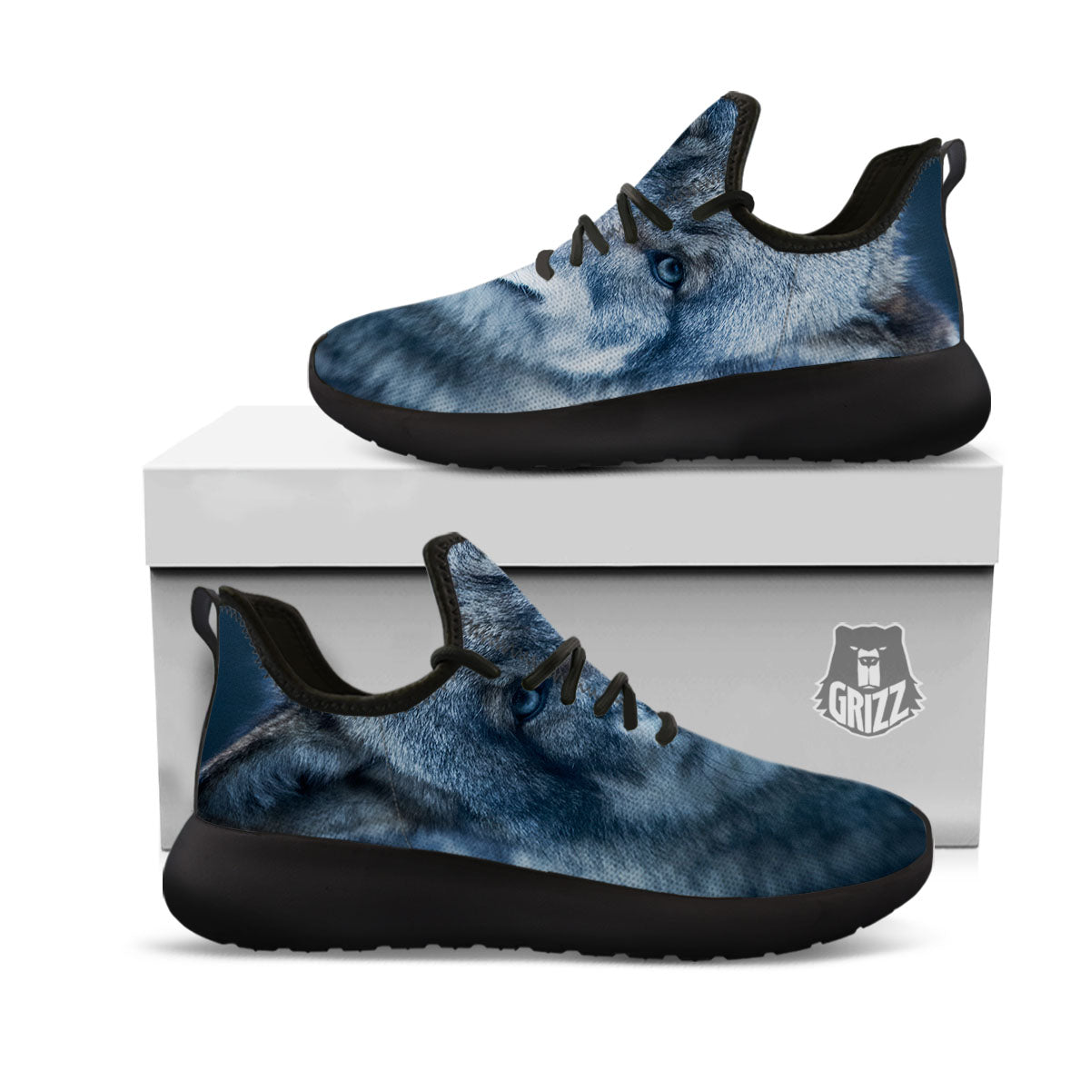Wolf White And Navy Print Black Athletic Shoes-grizzshop