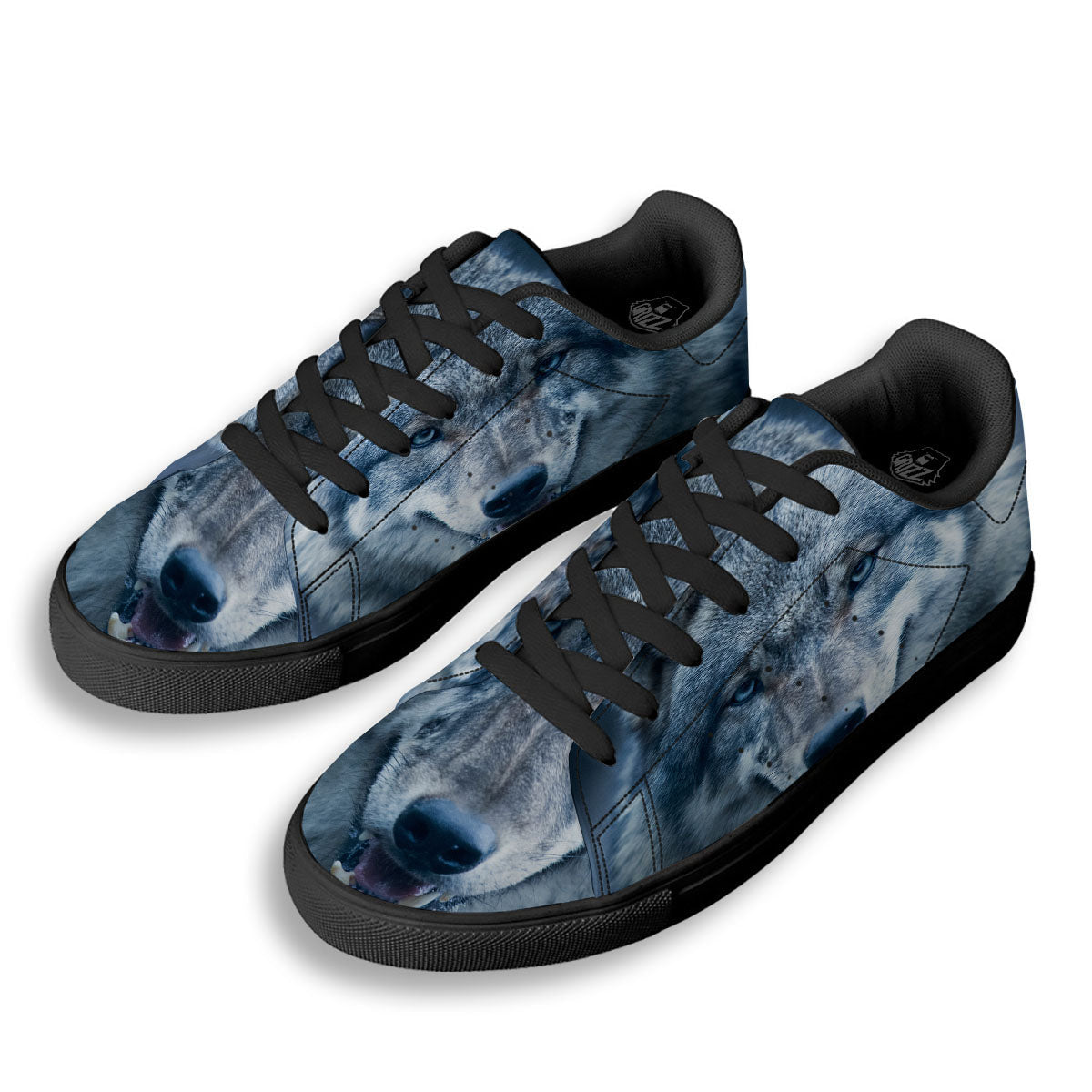 Wolf White And Navy Print Black Low Top Sneakers-grizzshop