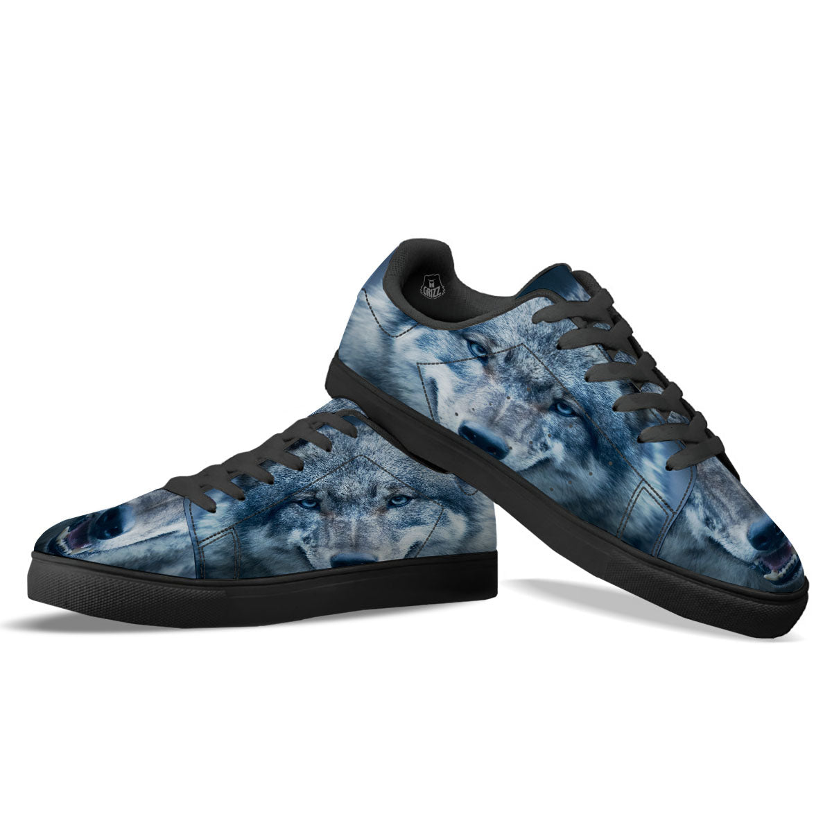 Wolf White And Navy Print Black Low Top Sneakers-grizzshop