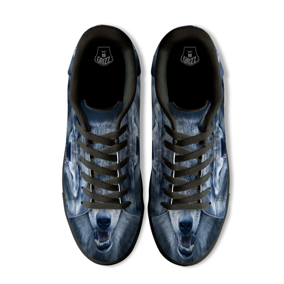 Wolf White And Navy Print Black Low Top Sneakers-grizzshop
