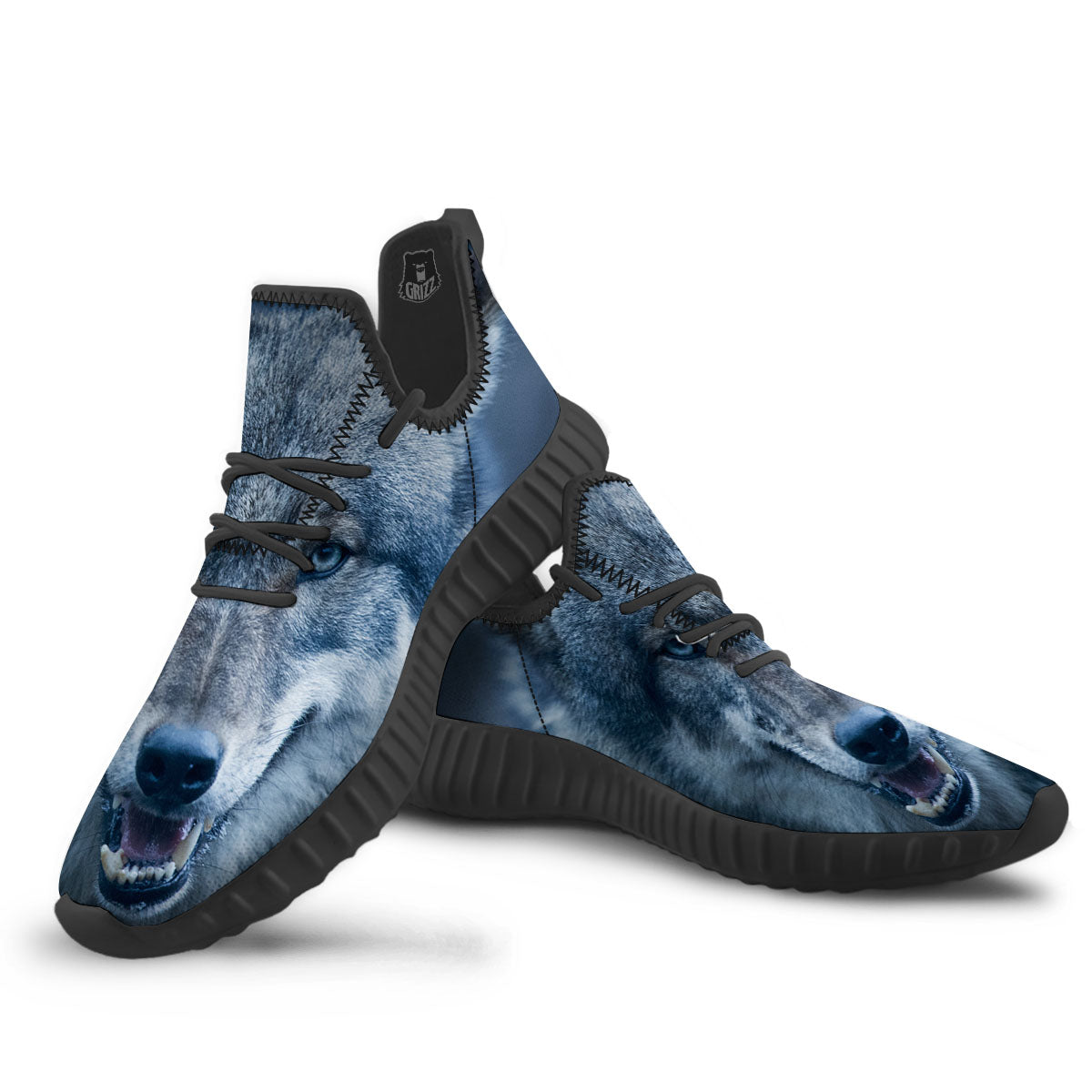 Wolf White And Navy Print Black Walking Shoes-grizzshop