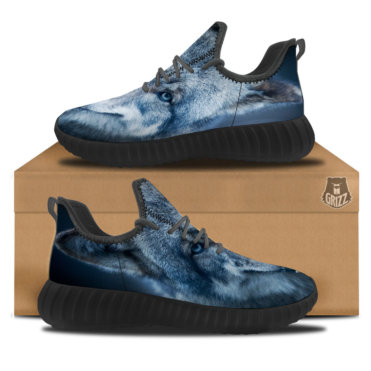 Wolf White And Navy Print Black Walking Shoes-grizzshop