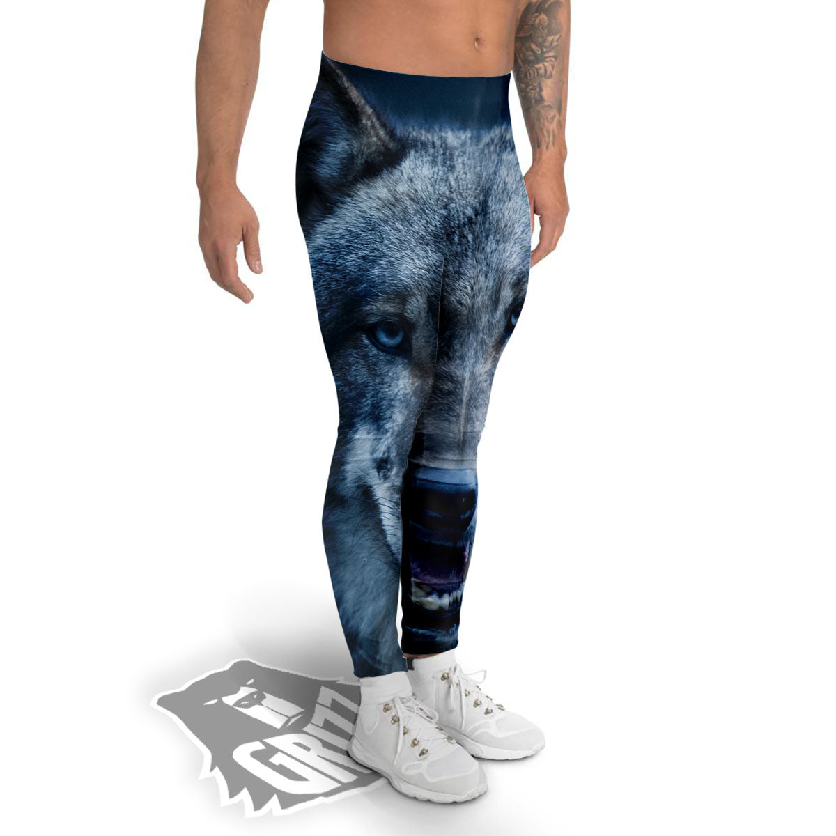 Wolf White And Navy Print Men's Leggings-grizzshop