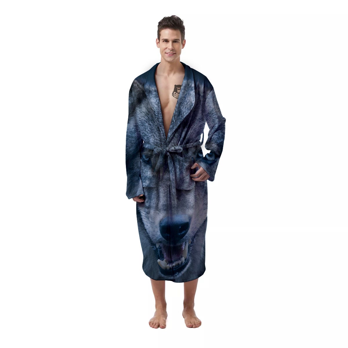 Wolf White And Navy Print Men's Robe-grizzshop