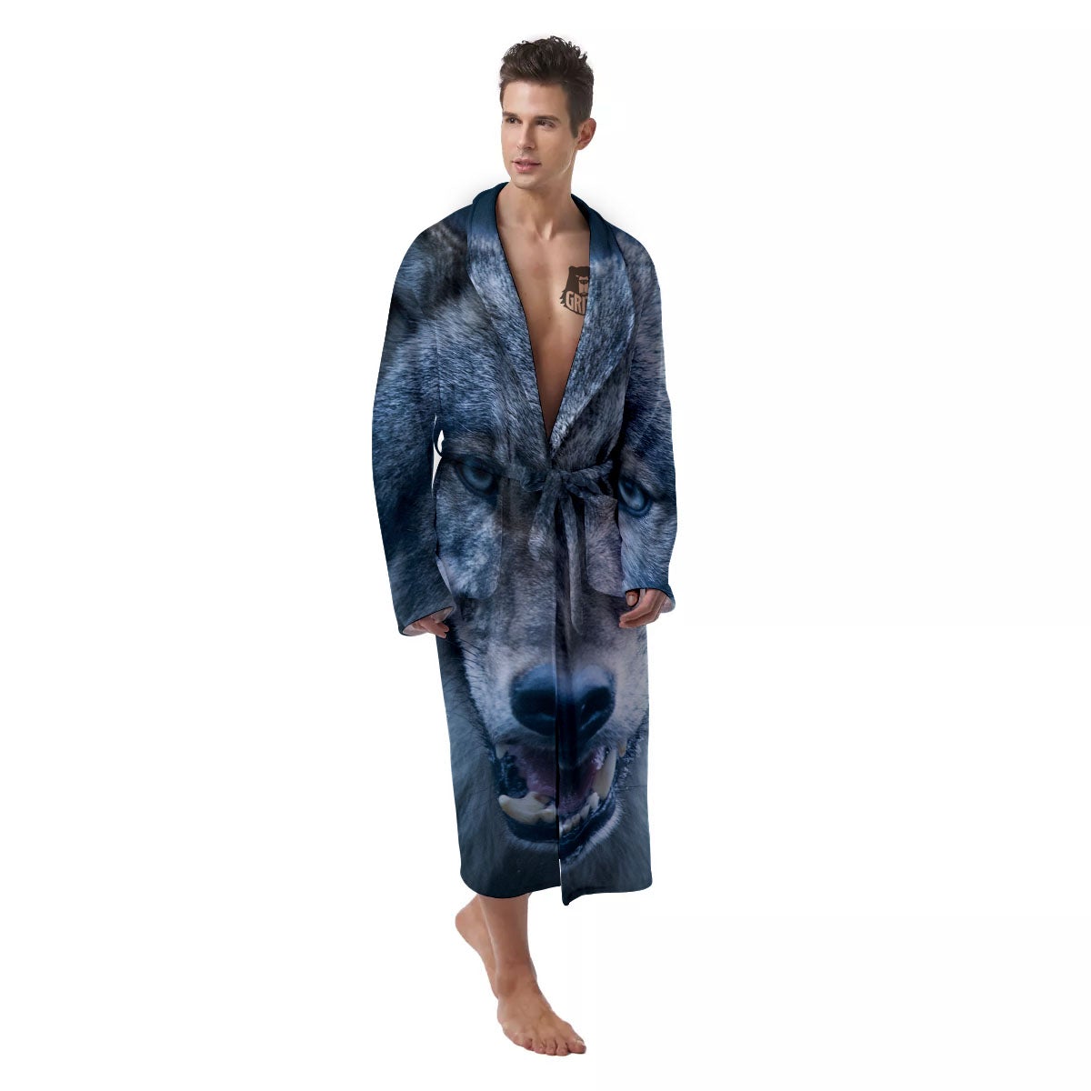 Wolf White And Navy Print Men's Robe-grizzshop