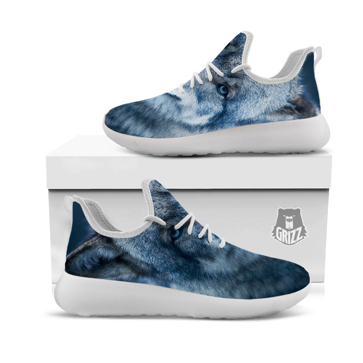 Wolf White And Navy Print White Athletic Shoes-grizzshop