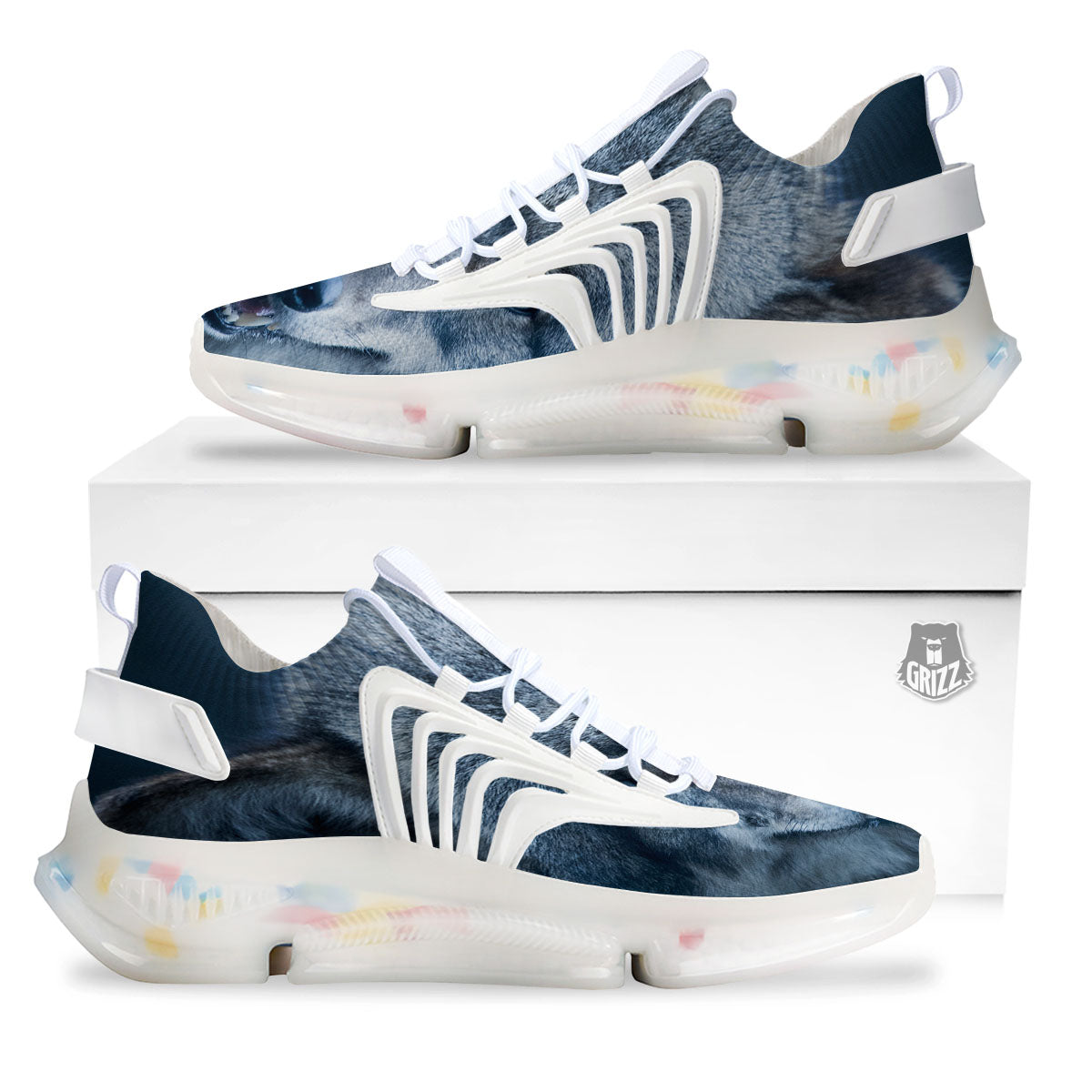 Wolf White And Navy Print White Gym Shoes-grizzshop