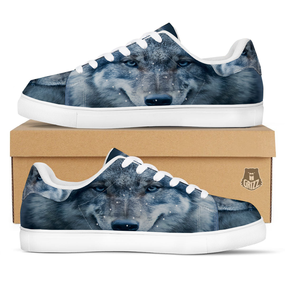 Wolf White And Navy Print White Low Top Sneakers-grizzshop