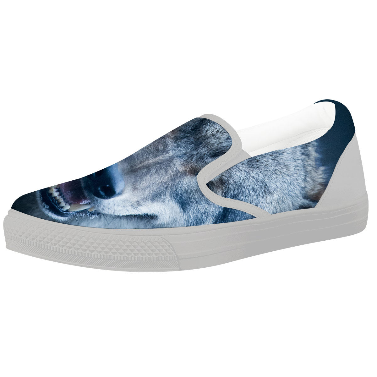 Wolf White And Navy Print White Slip On Shoes-grizzshop
