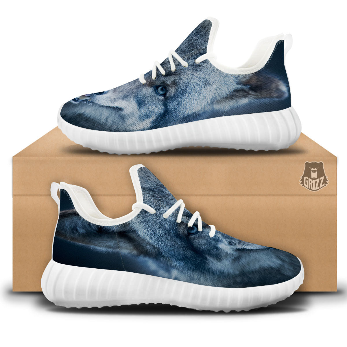 Wolf White And Navy Print White Walking Shoes-grizzshop